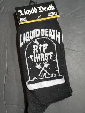 Liquid death RIP black red blood drip ombre effect men's crew socks brand new